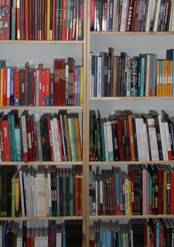Photo d'une bibliothèque de la librairie salon de thé café galerie d'art, L'Equilibre du monde, à Saint-Renan Pays d'Iroise Bres